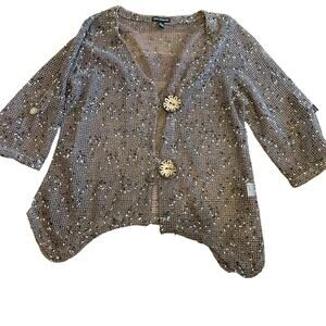 Nina Leonard Brown Open Chunky Knit Cardigan Button Front Size L Cover Up Boho
